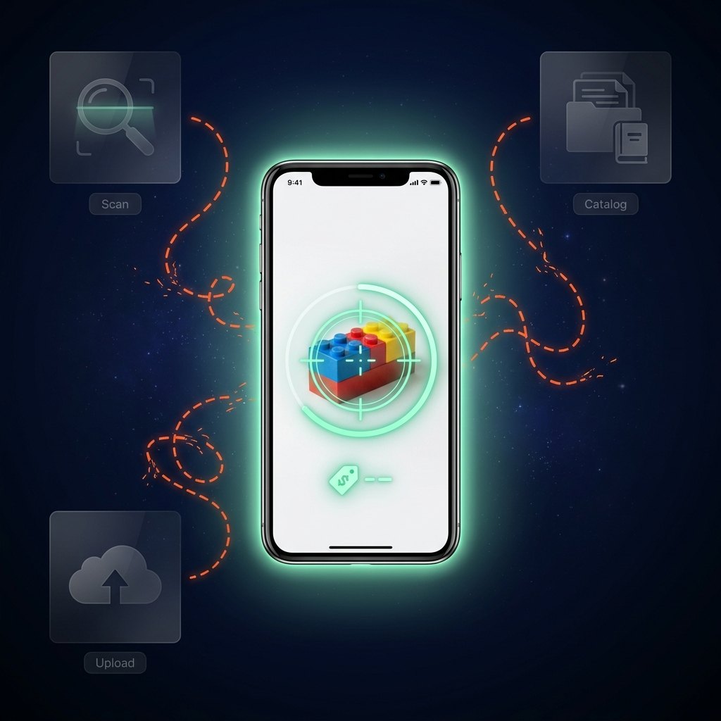 One scan inside the app, surrounded by today's disconnected Scan, Catalog and Upload tools linked by broken, tangled paths