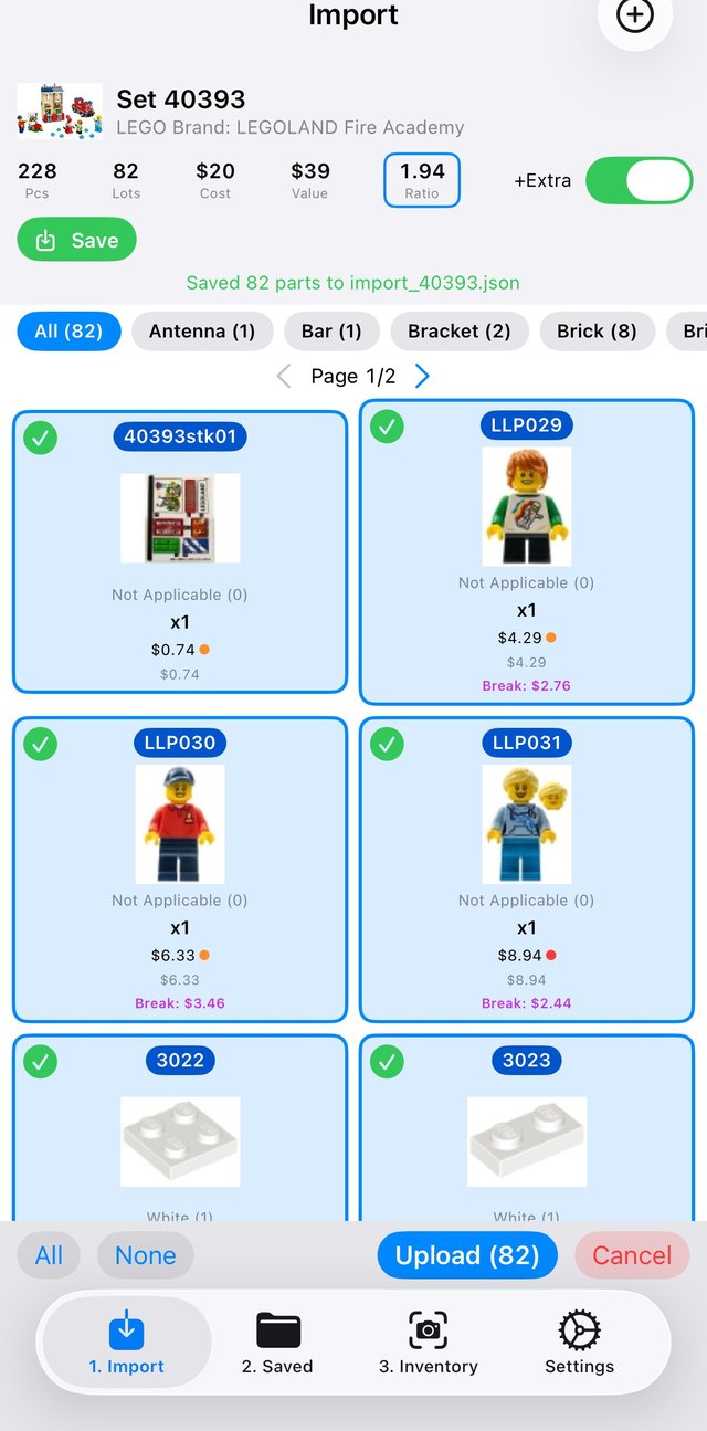 Selecting all parts to upload to BrickLink in one tap