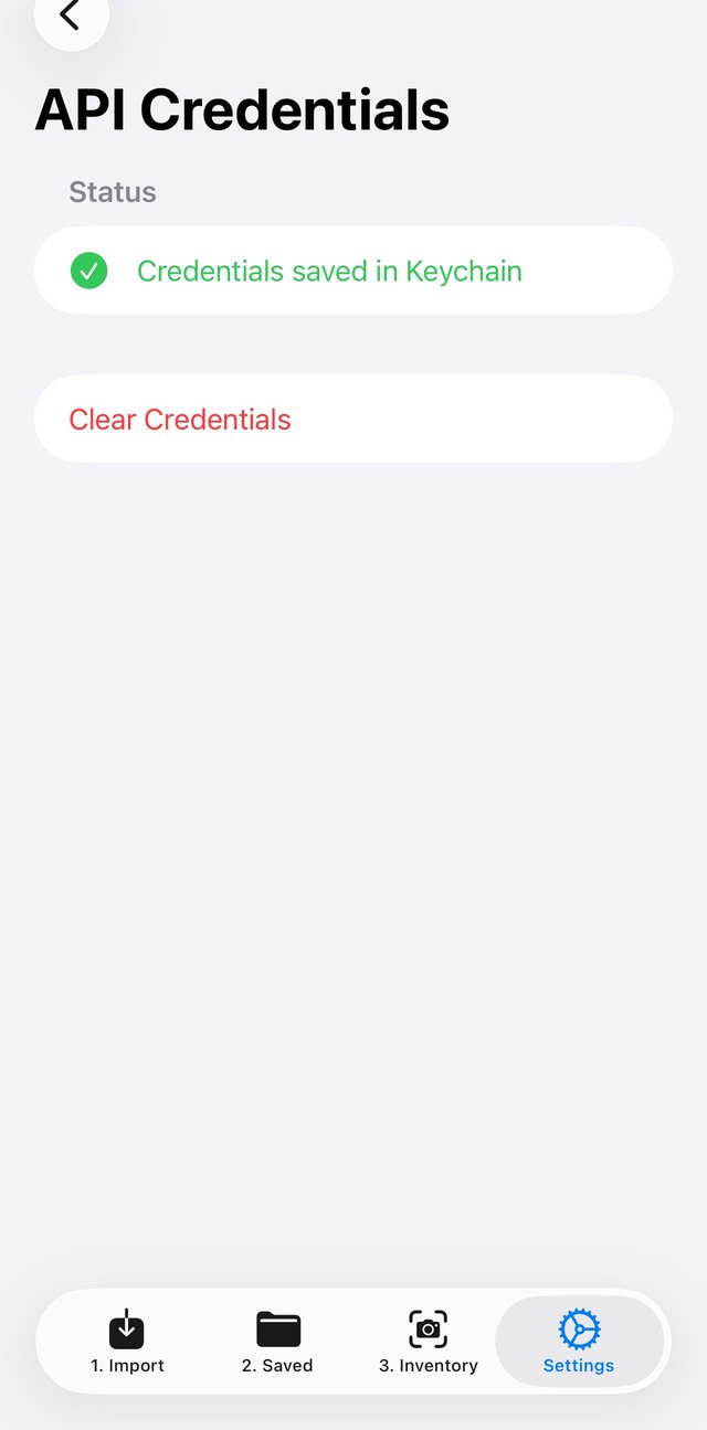 API credentials saved securely in the device keychain