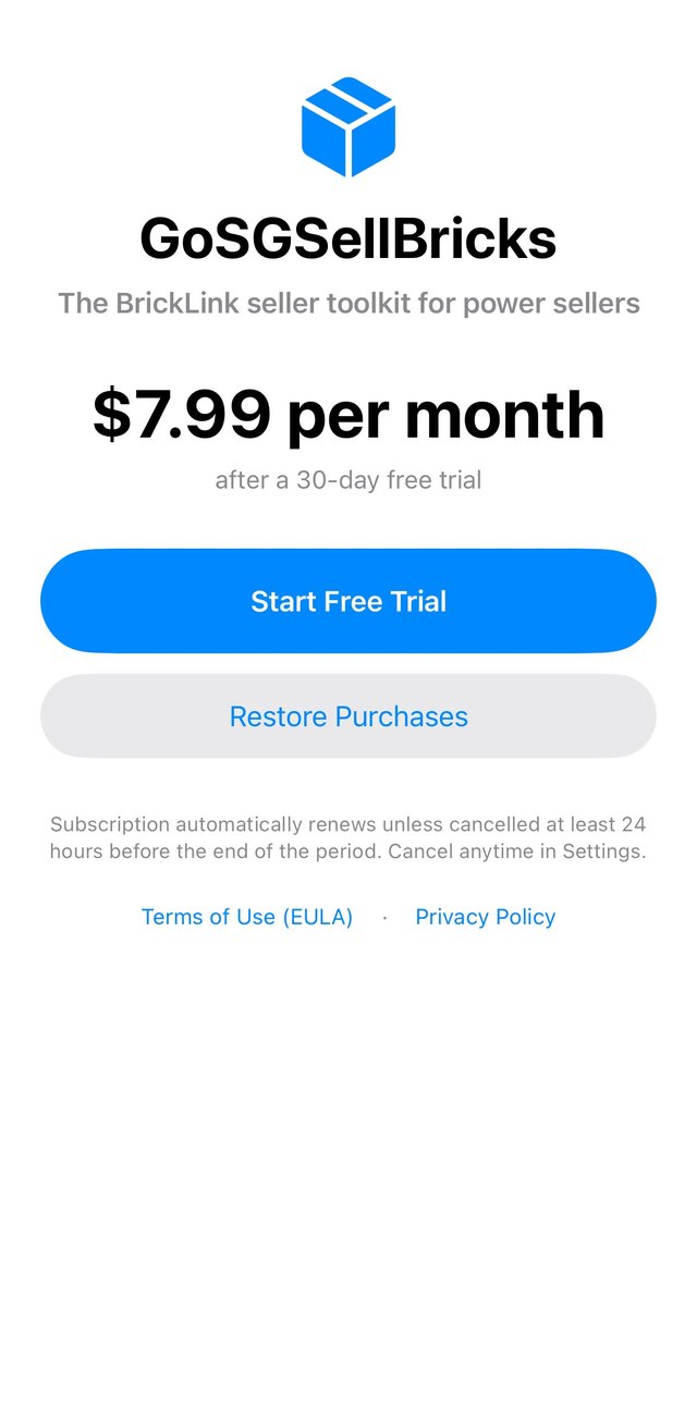 In-app subscription screen — $7.99 per month after a 30-day free trial
