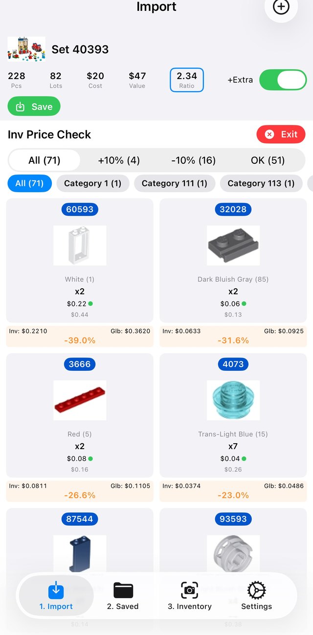 Inventory price check showing deviations beyond plus or minus 10 percent