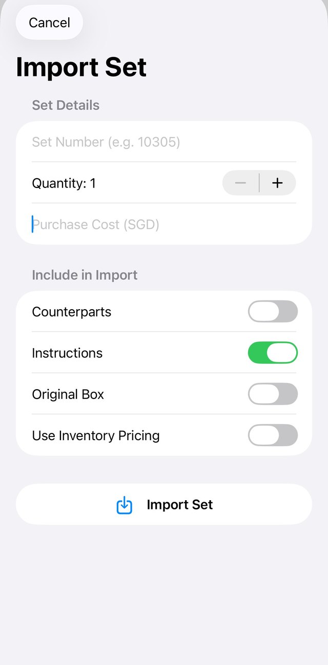 Import Set form